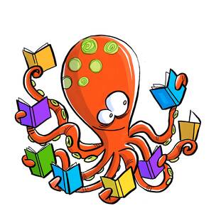 Orange octopus holding multiple open books in their tentacles